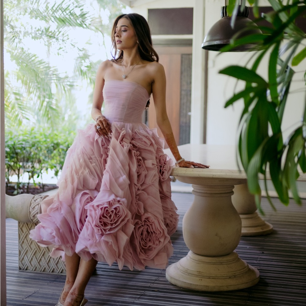 MillaNova Strapless Blush Pink Rose-Appliqué Tulle Cocktail Dress